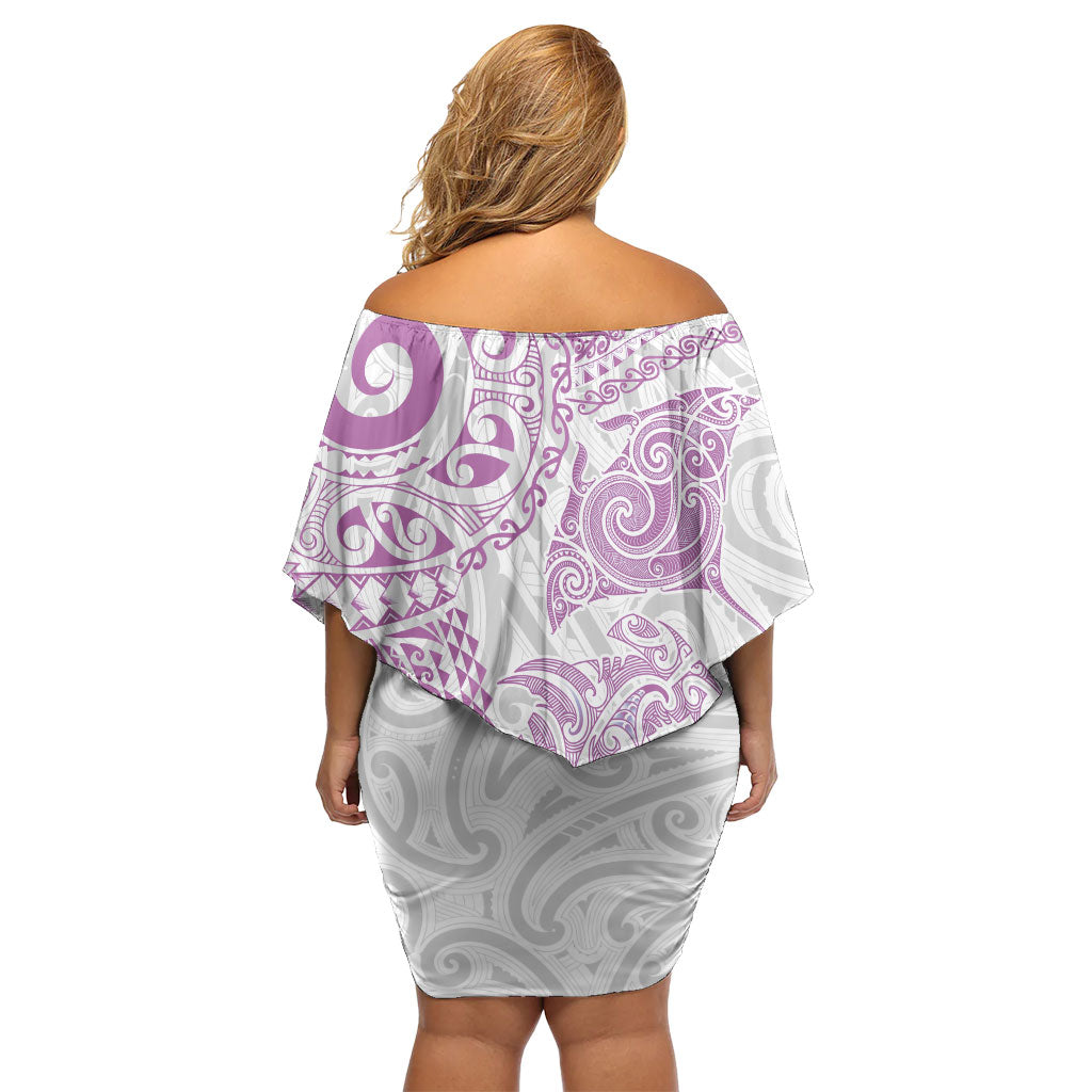 Aotearoa Maori Sea Animals Tribal Family Matching Off Shoulder Short Dress and Hawaiian Shirt Manta Ray and Shark Moko Pattern Pink Color LT03 - Polynesian Pride