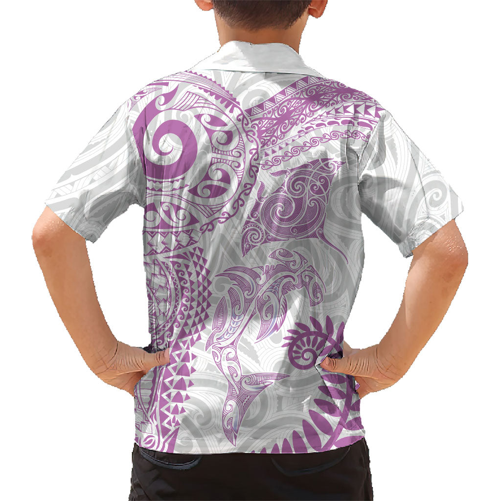 Aotearoa Maori Sea Animals Tribal Family Matching Puletasi and Hawaiian Shirt Manta Ray and Shark Moko Pattern Pink Color LT03 - Polynesian Pride