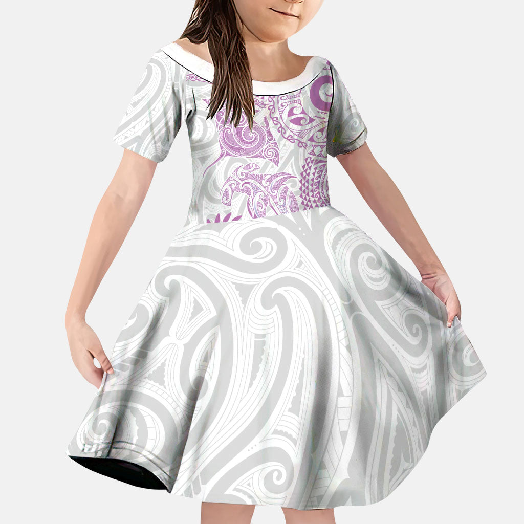 Aotearoa Maori Sea Animals Tribal Family Matching Puletasi and Hawaiian Shirt Manta Ray and Shark Moko Pattern Pink Color LT03 Daughter's Dress Pink - Polynesian Pride