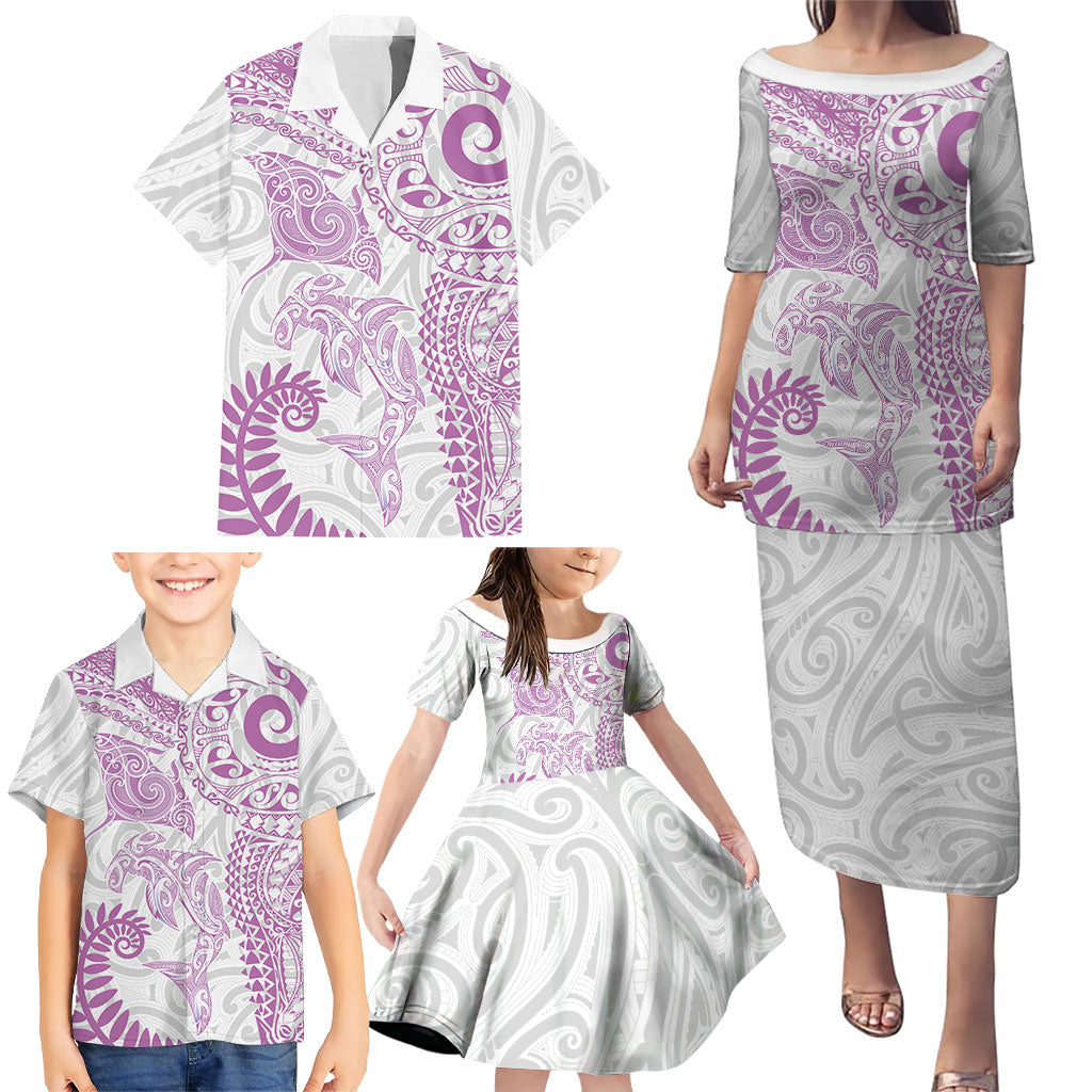 Aotearoa Maori Sea Animals Tribal Family Matching Puletasi and Hawaiian Shirt Manta Ray and Shark Moko Pattern Pink Color