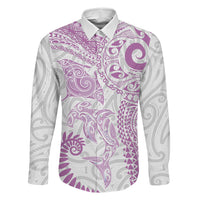 Aotearoa Maori Sea Animals Tribal Family Matching Puletasi and Hawaiian Shirt Manta Ray and Shark Moko Pattern Pink Color LT03 Dad's Shirt - Long Sleeve Pink - Polynesian Pride
