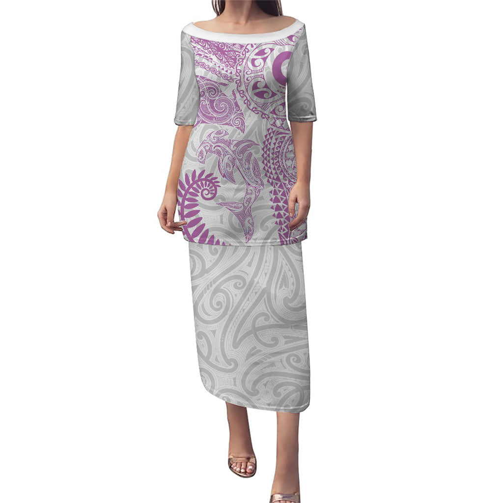 Aotearoa Maori Sea Animals Tribal Family Matching Puletasi and Hawaiian Shirt Manta Ray and Shark Moko Pattern Pink Color LT03 Mom's Dress Pink - Polynesian Pride
