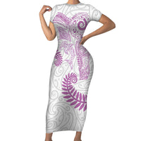 Aotearoa Maori Sea Animals Tribal Family Matching Short Sleeve Bodycon Dress and Hawaiian Shirt Manta Ray and Shark Moko Pattern Pink Color LT03 Mom's Dress Pink - Polynesian Pride
