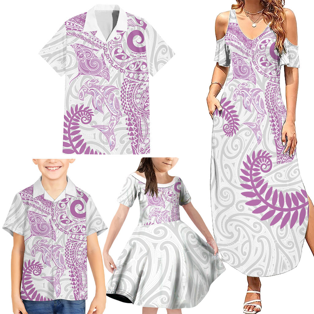 Aotearoa Maori Sea Animals Tribal Family Matching Summer Maxi Dress and Hawaiian Shirt Manta Ray and Shark Moko Pattern Pink Color LT03 - Polynesian Pride