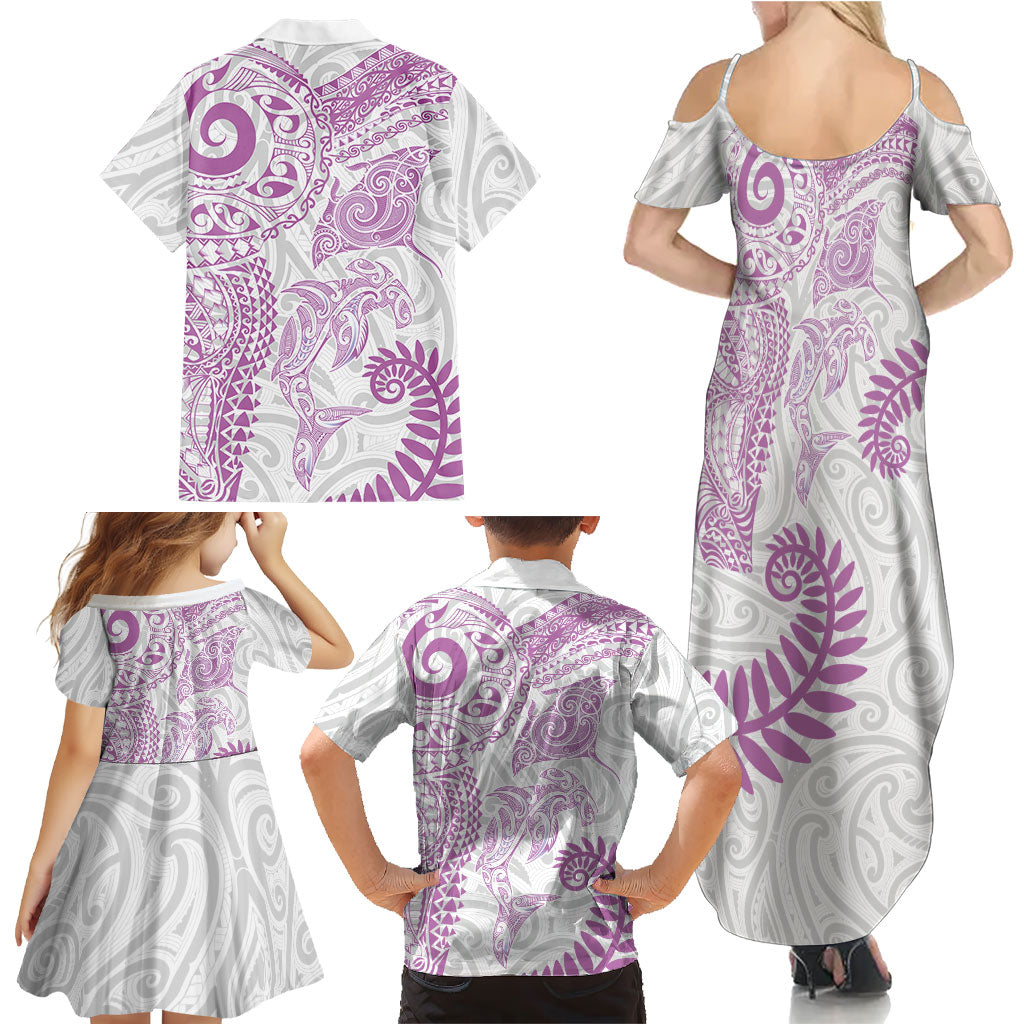 Aotearoa Maori Sea Animals Tribal Family Matching Summer Maxi Dress and Hawaiian Shirt Manta Ray and Shark Moko Pattern Pink Color LT03 - Polynesian Pride
