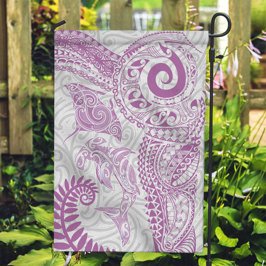 Aotearoa Maori Sea Animals Tribal Garden Flag Manta Ray and Shark Moko Pattern Pink Color