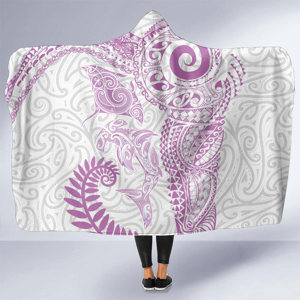Aotearoa Maori Sea Animals Tribal Hooded Blanket Manta Ray and Shark Moko Pattern Pink Color