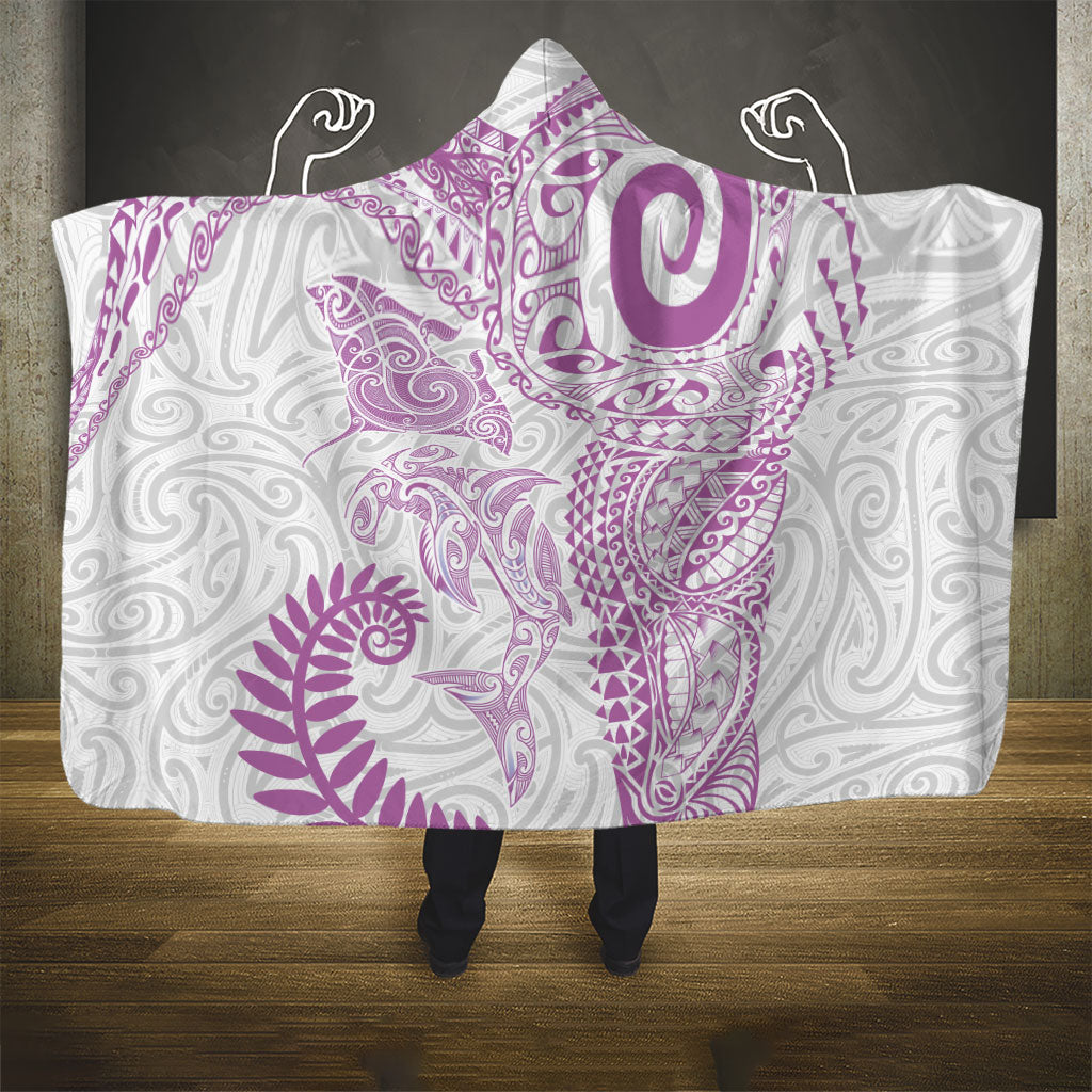Aotearoa Maori Sea Animals Tribal Hooded Blanket Manta Ray and Shark Moko Pattern Pink Color