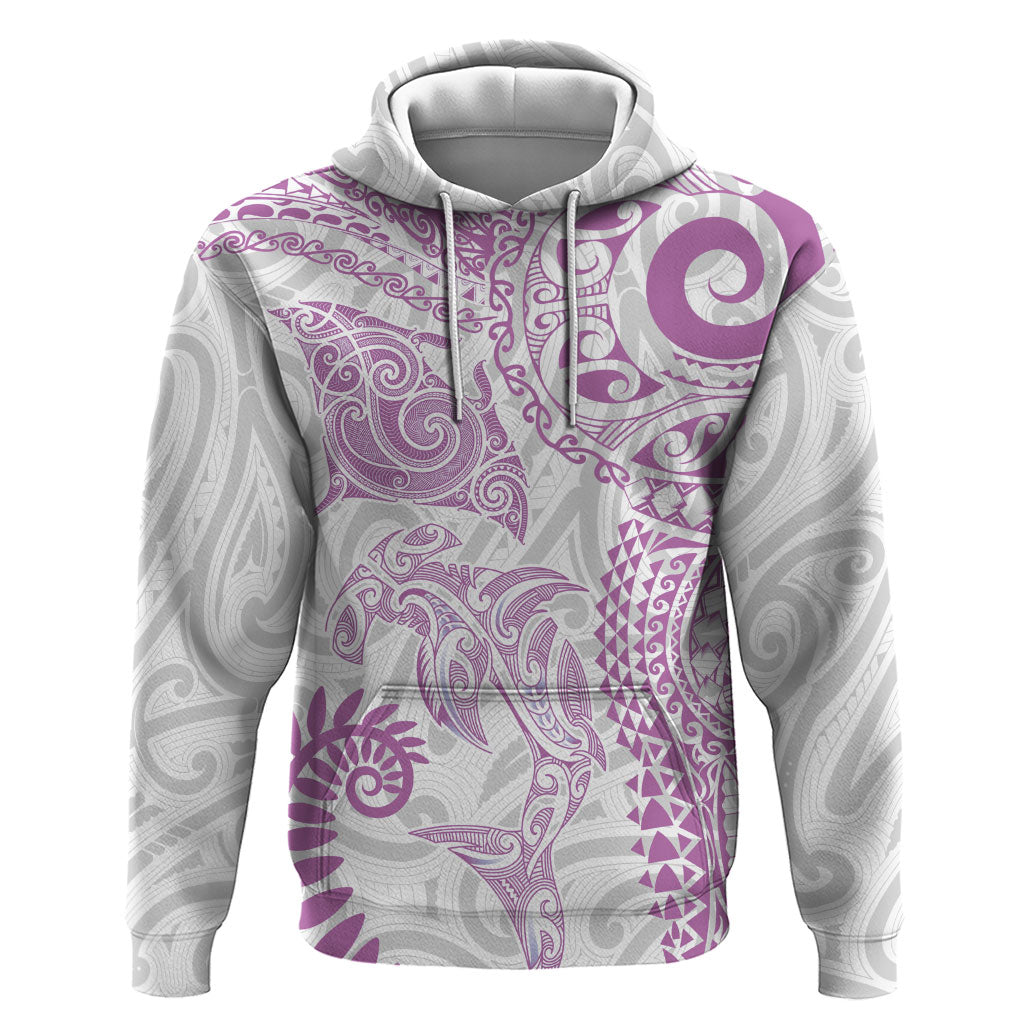 Aotearoa Maori Sea Animals Tribal Hoodie Manta Ray and Shark Moko Pattern Pink Color