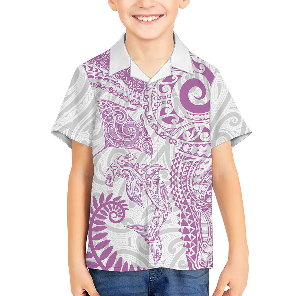 Aotearoa Maori Sea Animals Tribal Kid Hawaiian Shirt Manta Ray and Shark Moko Pattern Pink Color