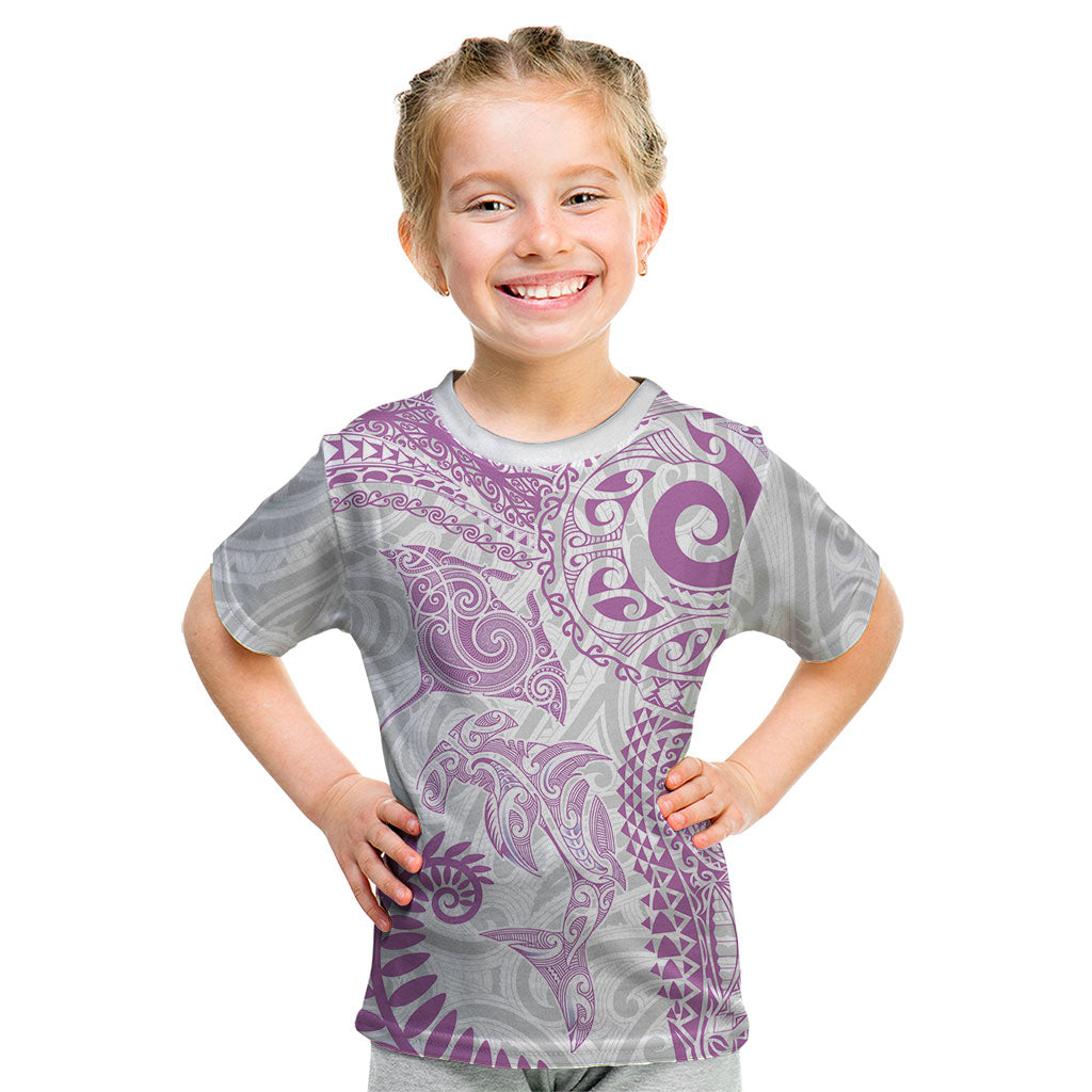 Aotearoa Maori Sea Animals Tribal Kid T Shirt Manta Ray and Shark Moko Pattern Pink Color
