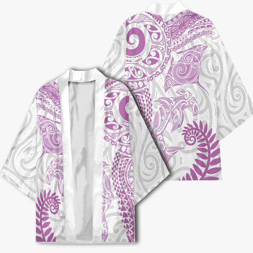Aotearoa Maori Sea Animals Tribal Kimono Manta Ray and Shark Moko Pattern Pink Color LT03 - Polynesian Pride