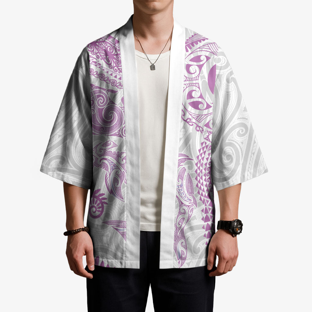Aotearoa Maori Sea Animals Tribal Kimono Manta Ray and Shark Moko Pattern Pink Color LT03 - Polynesian Pride