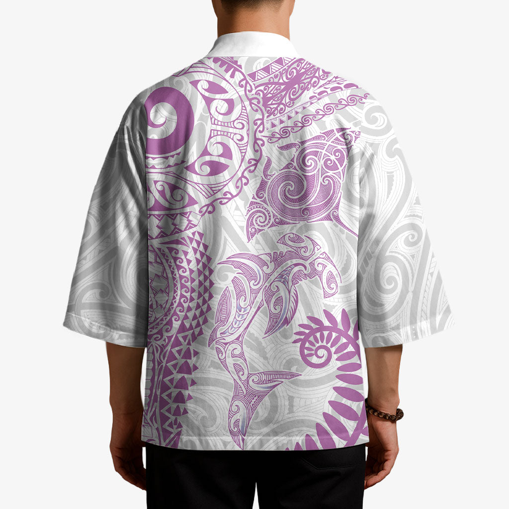 Aotearoa Maori Sea Animals Tribal Kimono Manta Ray and Shark Moko Pattern Pink Color LT03 - Polynesian Pride