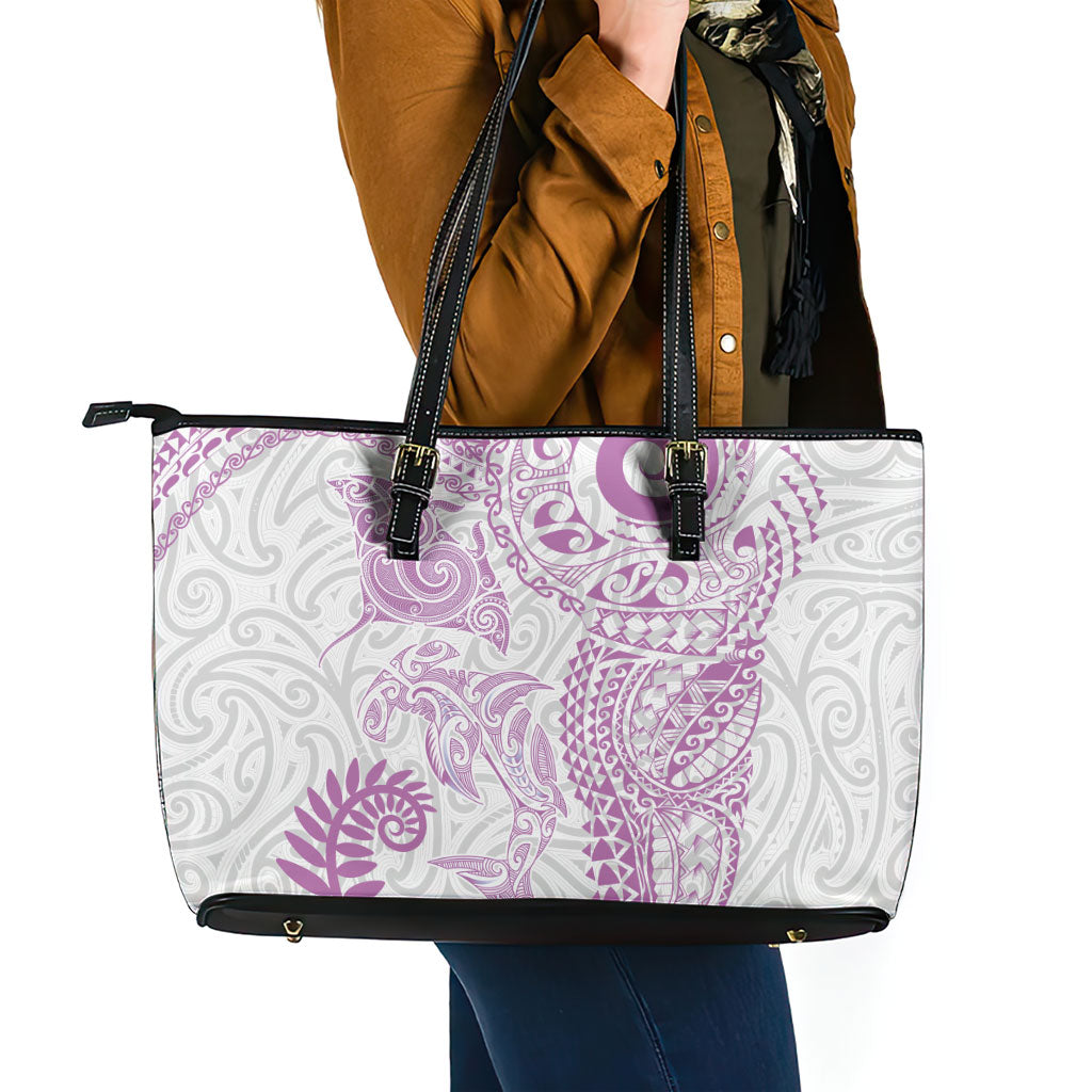 Aotearoa Maori Sea Animals Tribal Leather Tote Bag Manta Ray and Shark Moko Pattern Pink Color