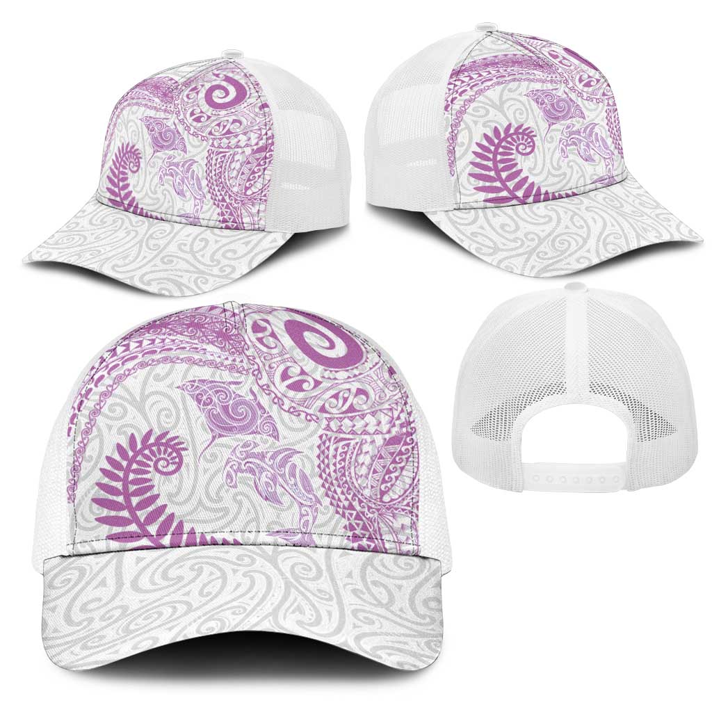 Aotearoa Maori Sea Animals Tribal Mesh Trucker Cap Manta Ray and Shark Moko Pattern Pink Color