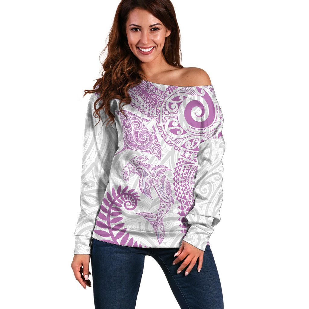 Aotearoa Maori Sea Animals Tribal Off Shoulder Sweater Manta Ray and Shark Moko Pattern Pink Color