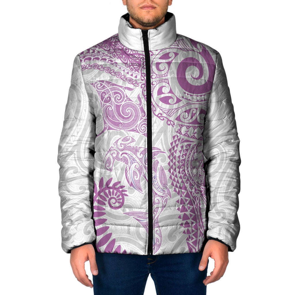 Aotearoa Maori Sea Animals Tribal Padded Jacket Manta Ray and Shark Moko Pattern Pink Color