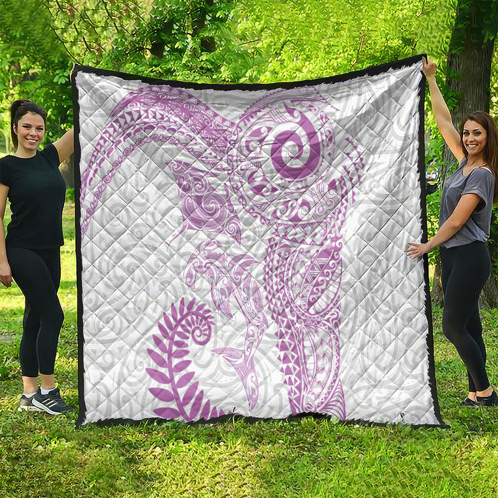 Aotearoa Maori Sea Animals Tribal Quilt Manta Ray and Shark Moko Pattern Pink Color