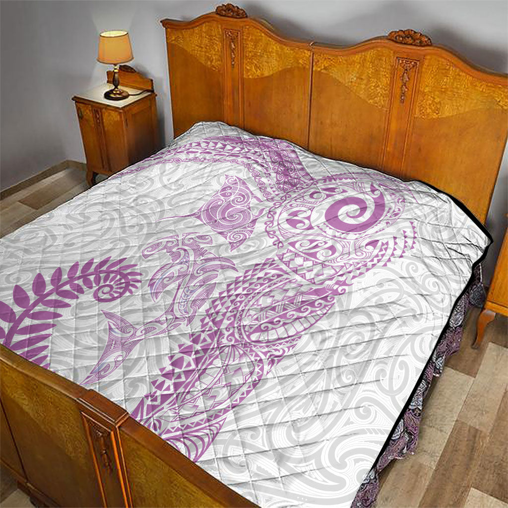 Aotearoa Maori Sea Animals Tribal Quilt Manta Ray and Shark Moko Pattern Pink Color