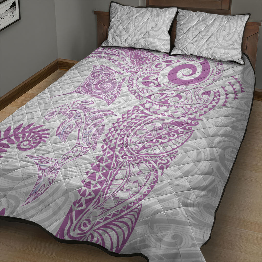 Aotearoa Maori Sea Animals Tribal Quilt Bed Set Manta Ray and Shark Moko Pattern Pink Color LT03 - Polynesian Pride