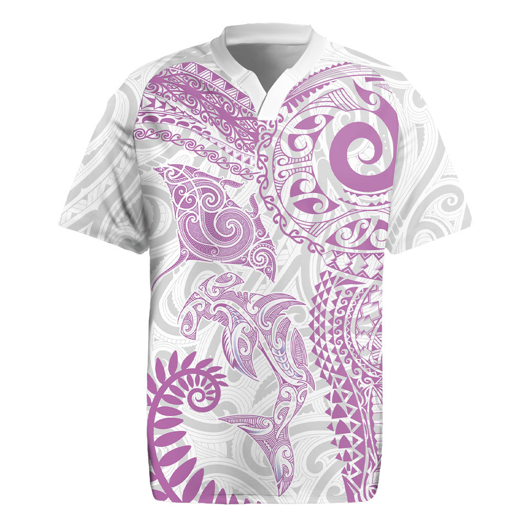 Aotearoa Maori Sea Animals Tribal Rugby Jersey Manta Ray and Shark Moko Pattern Pink Color