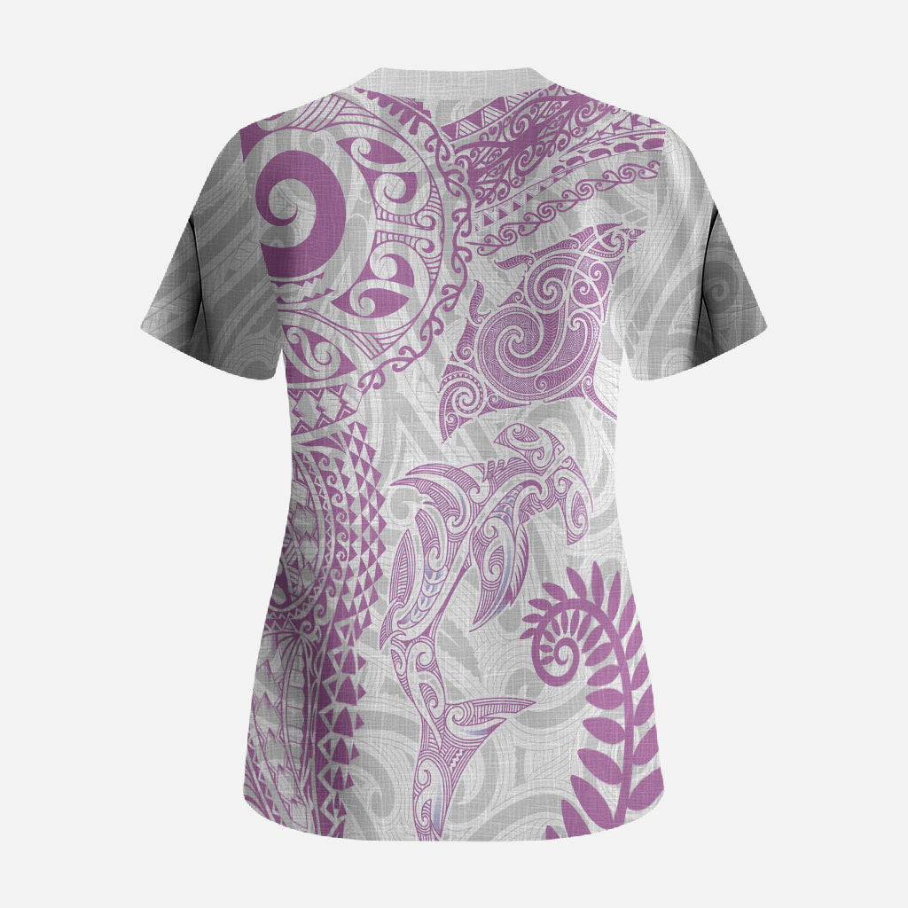Aotearoa Maori Sea Animals Tribal Scrub Top Manta Ray and Shark Moko Pattern Pink Color