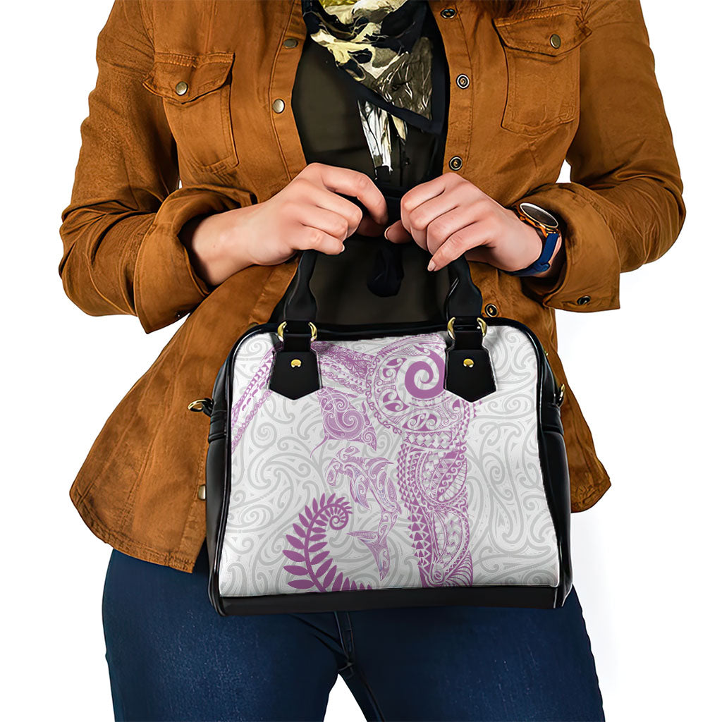 Aotearoa Maori Sea Animals Tribal Shoulder Handbag Manta Ray and Shark Moko Pattern Pink Color