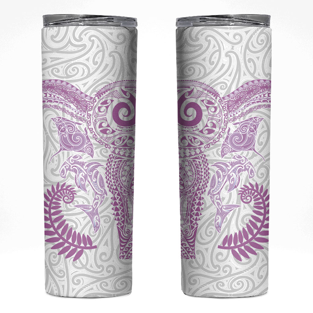 Aotearoa Maori Sea Animals Tribal Skinny Tumbler Manta Ray and Shark Moko Pattern Pink Color