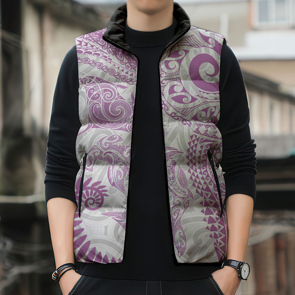 Aotearoa Maori Sea Animals Tribal Sleeveless Puffer Jacket Manta Ray and Shark Moko Pattern Pink Color