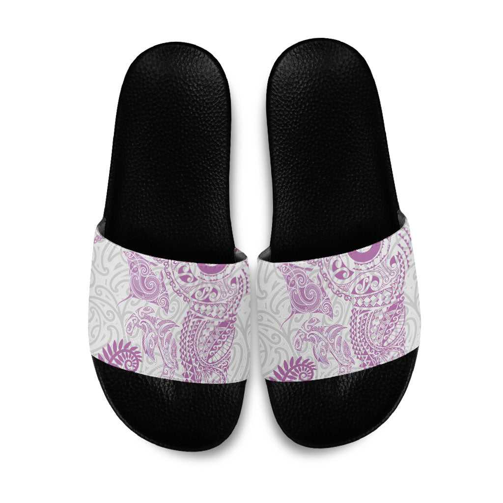 Aotearoa Maori Sea Animals Tribal Slide Sandals Manta Ray and Shark Moko Pattern Pink Color