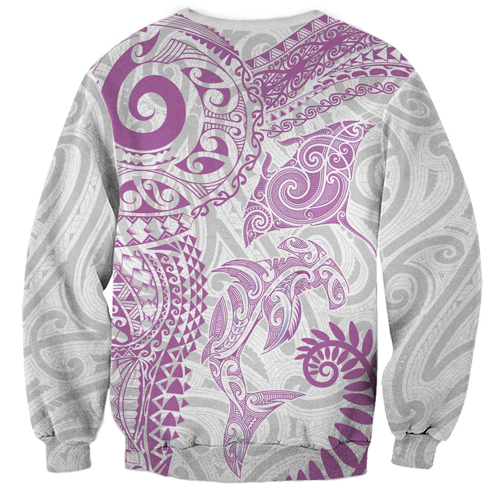 Aotearoa Maori Sea Animals Tribal Sweatshirt Manta Ray and Shark Moko Pattern Pink Color