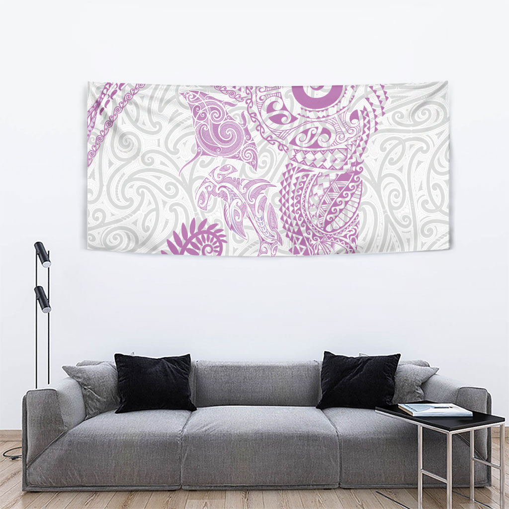 Aotearoa Maori Sea Animals Tribal Tapestry Manta Ray and Shark Moko Pattern Pink Color