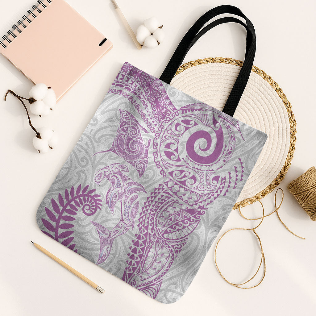 Aotearoa Maori Sea Animals Tribal Tote Bag Manta Ray and Shark Moko Pattern Pink Color