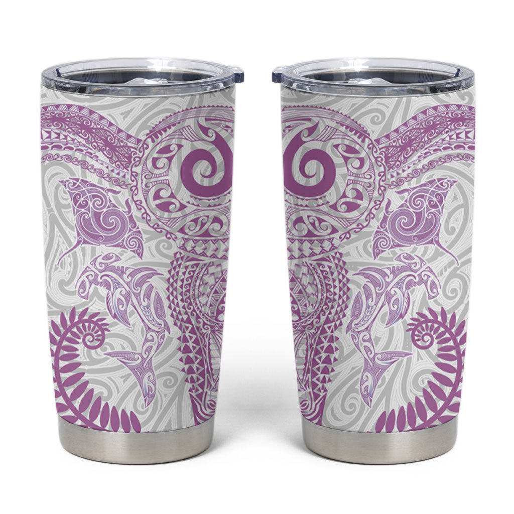 Aotearoa Maori Sea Animals Tribal Tumbler Cup Manta Ray and Shark Moko Pattern Pink Color
