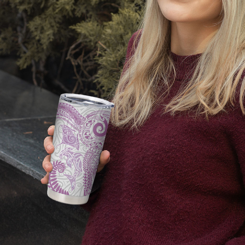 Aotearoa Maori Sea Animals Tribal Tumbler Cup Manta Ray and Shark Moko Pattern Pink Color