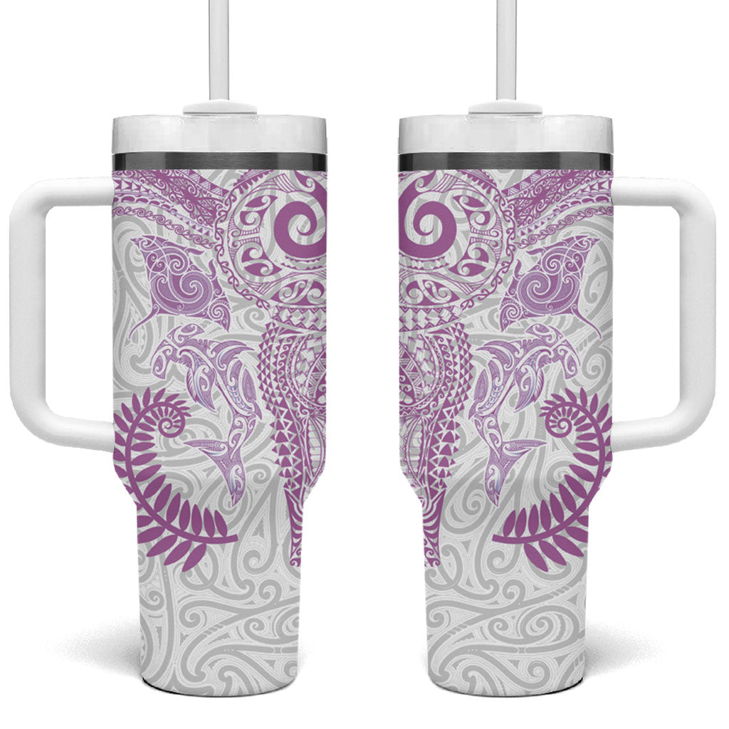 Aotearoa Maori Sea Animals Tribal Tumbler With Handle Manta Ray and Shark Moko Pattern Pink Color