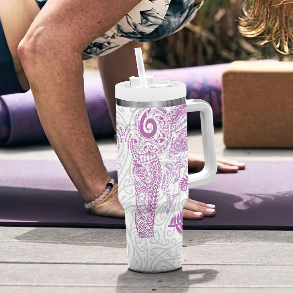 Aotearoa Maori Sea Animals Tribal Tumbler With Handle Manta Ray and Shark Moko Pattern Pink Color