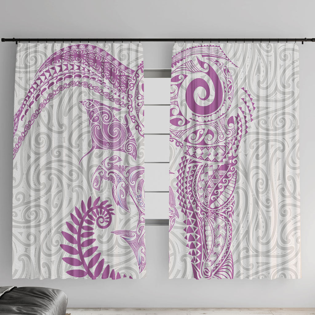 Aotearoa Maori Sea Animals Tribal Window Curtain Manta Ray and Shark Moko Pattern Pink Color