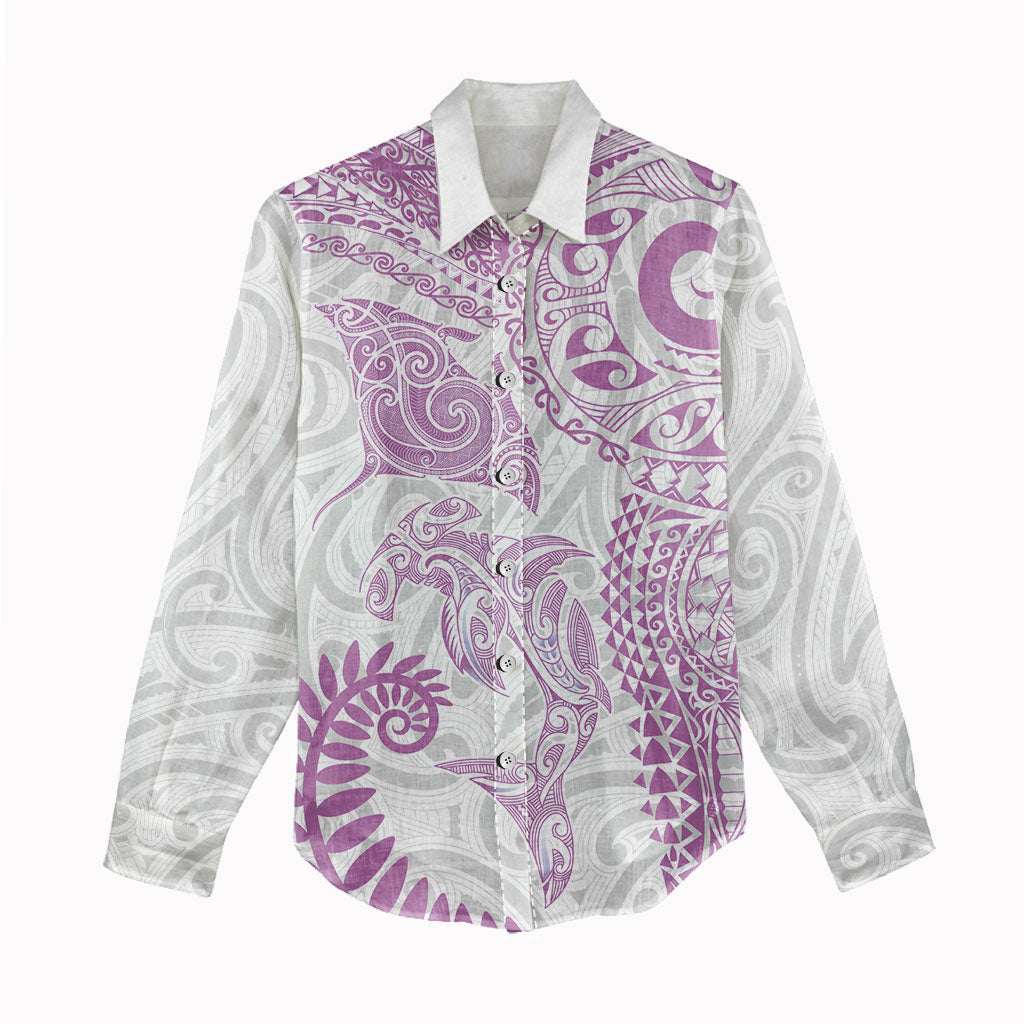 Aotearoa Maori Sea Animals Tribal Women Casual Shirt Manta Ray and Shark Moko Pattern Pink Color LT03 - Polynesian Pride