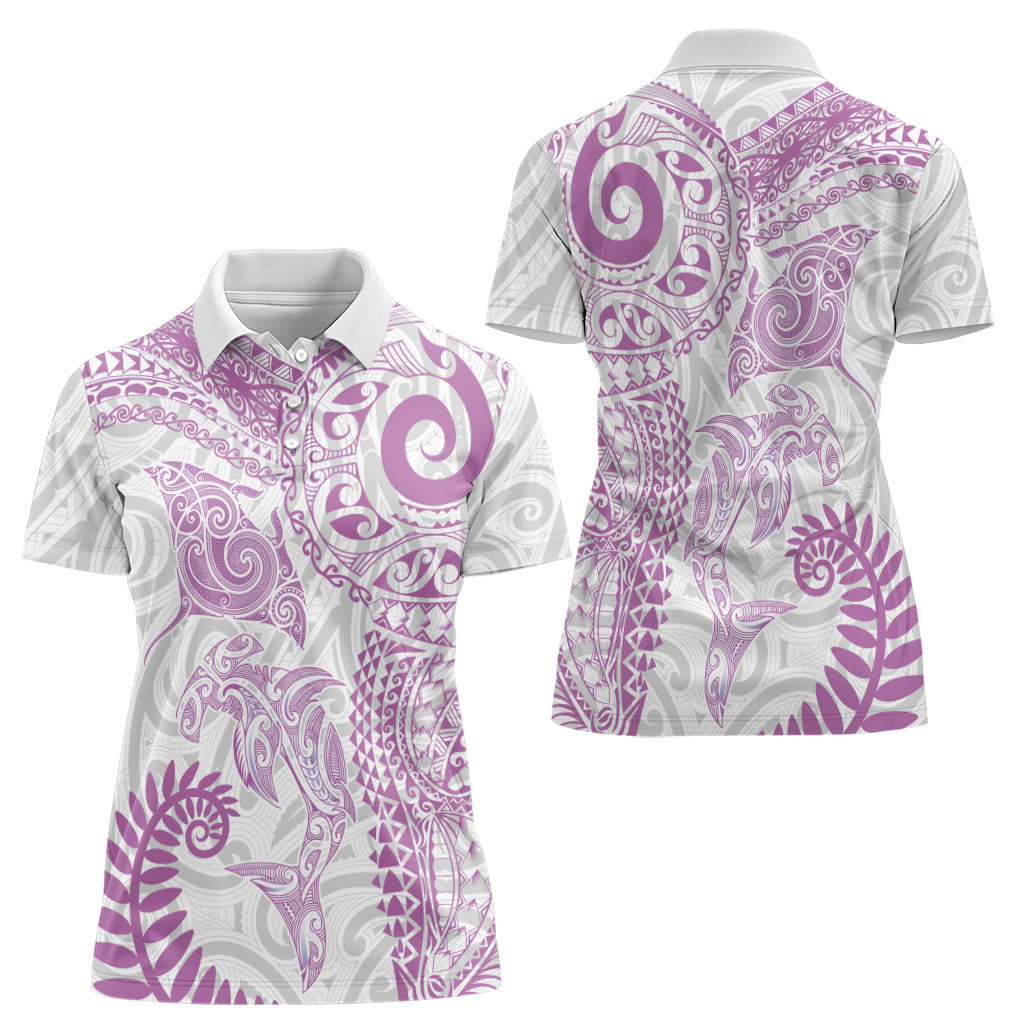 Aotearoa Maori Sea Animals Tribal Women Polo Shirt Manta Ray and Shark Moko Pattern Pink Color LT03 - Polynesian Pride