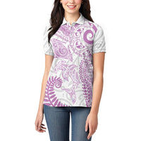 Aotearoa Maori Sea Animals Tribal Women Polo Shirt Manta Ray and Shark Moko Pattern Pink Color LT03 - Polynesian Pride