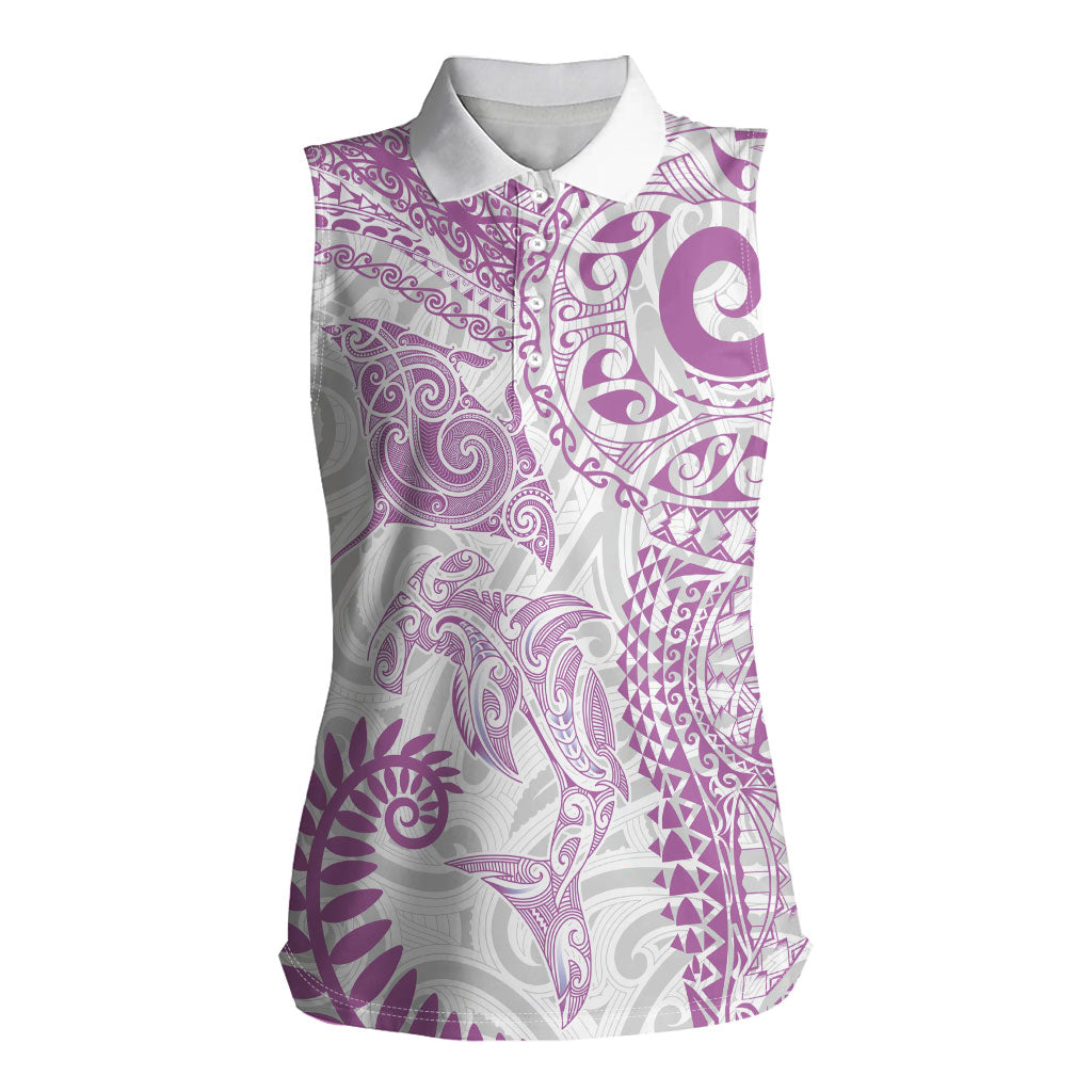 Aotearoa Maori Sea Animals Tribal Women Sleeveless Polo Shirt Manta Ray and Shark Moko Pattern Pink Color LT03 Female Pink - Polynesian Pride