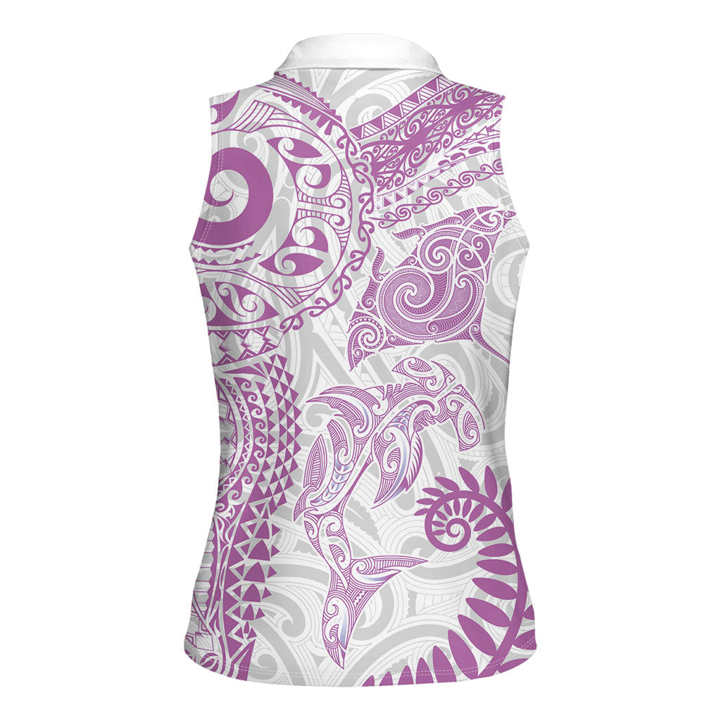 Aotearoa Maori Sea Animals Tribal Women Sleeveless Polo Shirt Manta Ray and Shark Moko Pattern Pink Color LT03 - Polynesian Pride