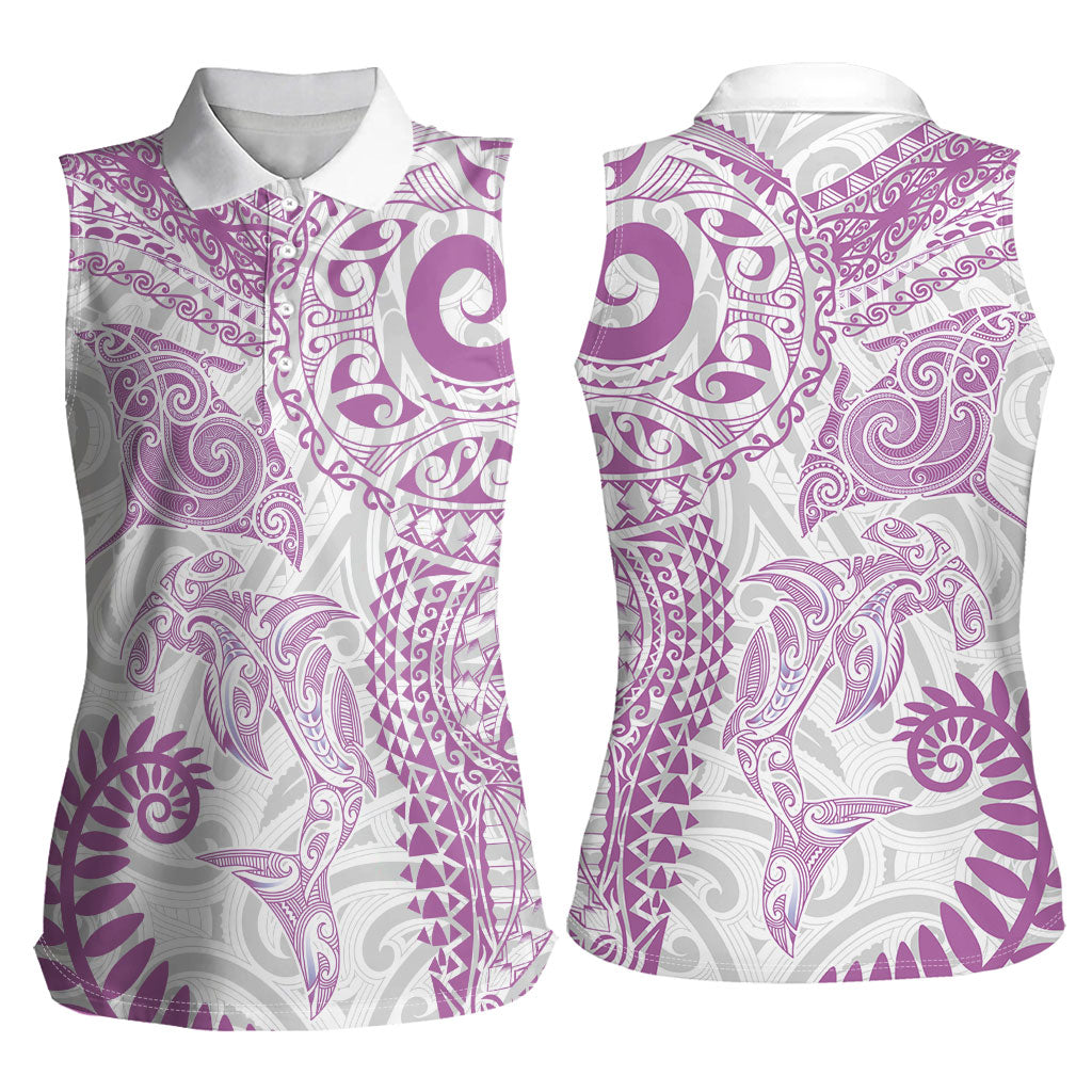 Aotearoa Maori Sea Animals Tribal Women Sleeveless Polo Shirt Manta Ray and Shark Moko Pattern Pink Color LT03 - Polynesian Pride