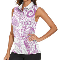 Aotearoa Maori Sea Animals Tribal Women Sleeveless Polo Shirt Manta Ray and Shark Moko Pattern Pink Color LT03 - Polynesian Pride