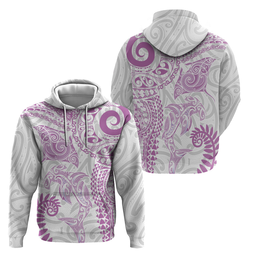 Aotearoa Maori Sea Animals Tribal Zip Hoodie Manta Ray and Shark Moko Pattern Pink Color