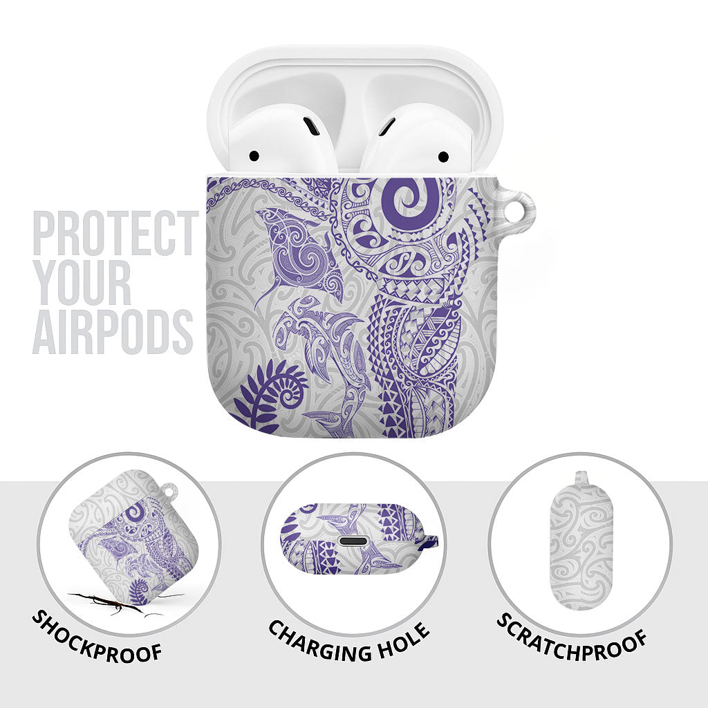 Aotearoa Maori Sea Animals Tribal AirPods Case Manta Ray and Shark Moko Pattern Purple Color