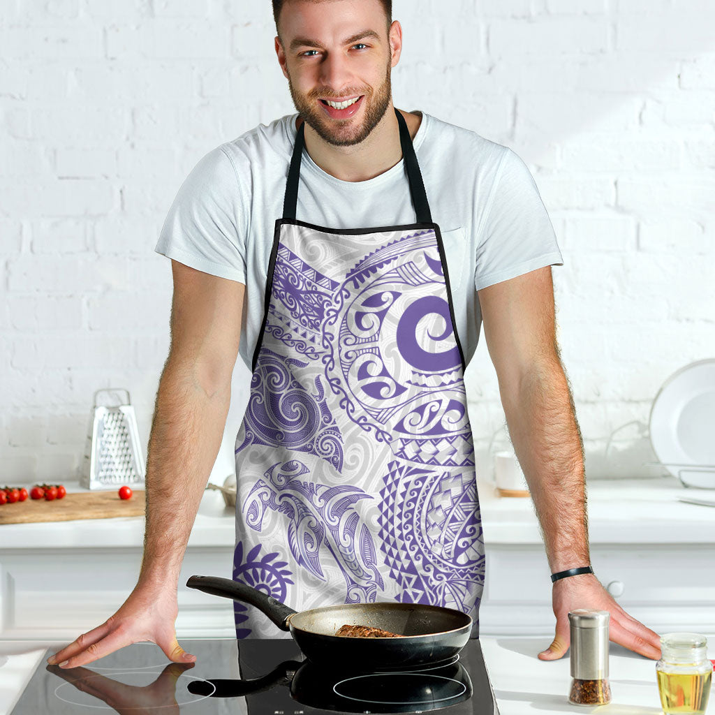Aotearoa Maori Sea Animals Tribal Apron Manta Ray and Shark Moko Pattern Purple Color