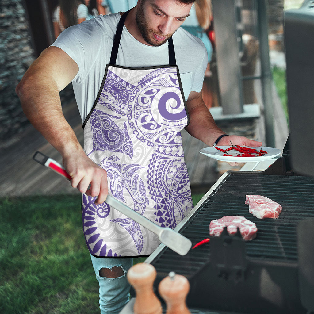 Aotearoa Maori Sea Animals Tribal Apron Manta Ray and Shark Moko Pattern Purple Color